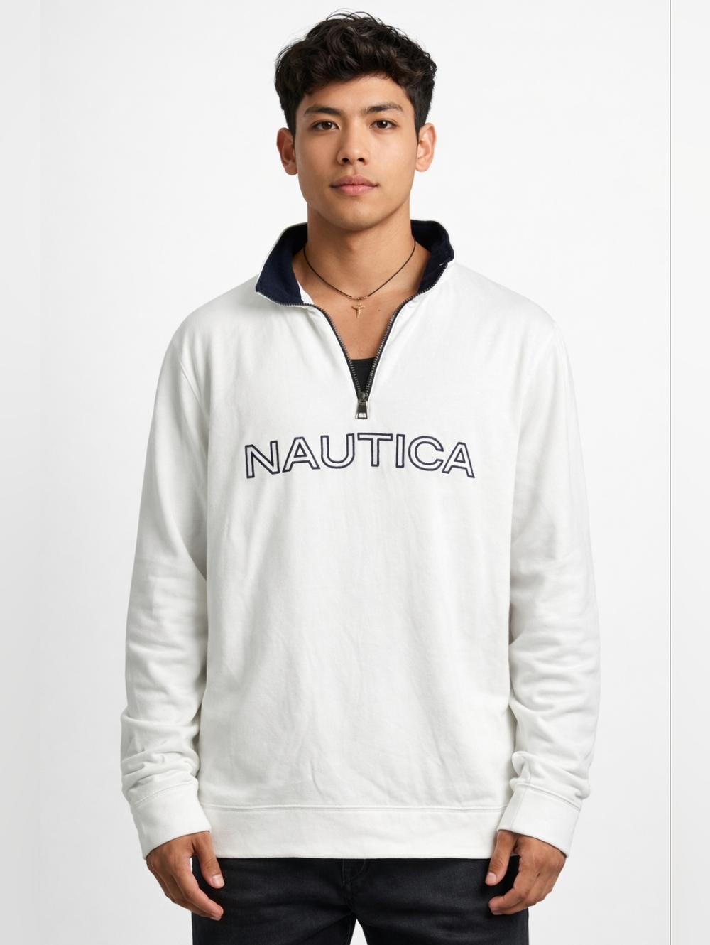 Nautica Bright White & Navy Blue Pullover 1/4 Zip Mens Sweatshirt